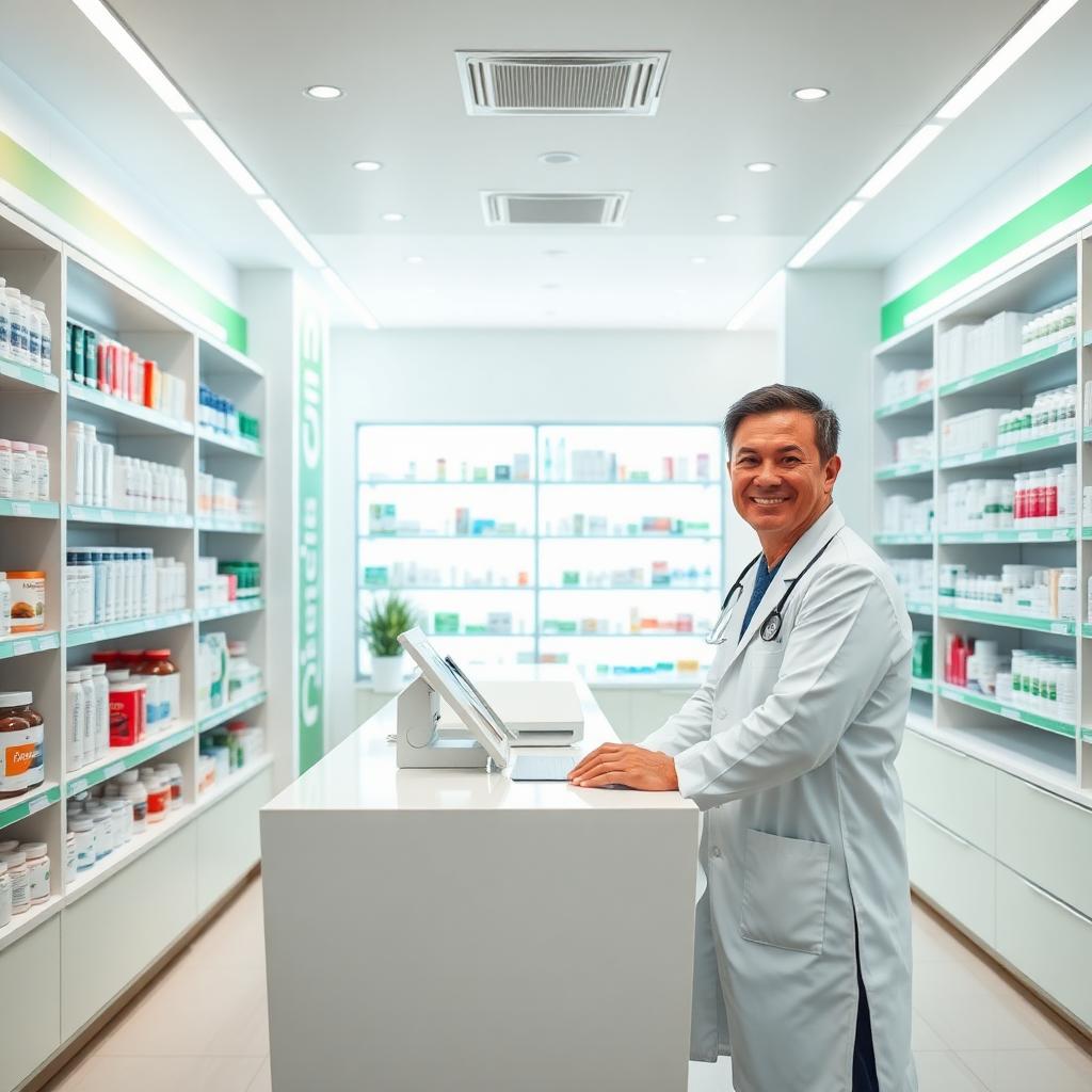 Interior moderno da Farmácia Vida com farmacêutico atendendo no balcão
